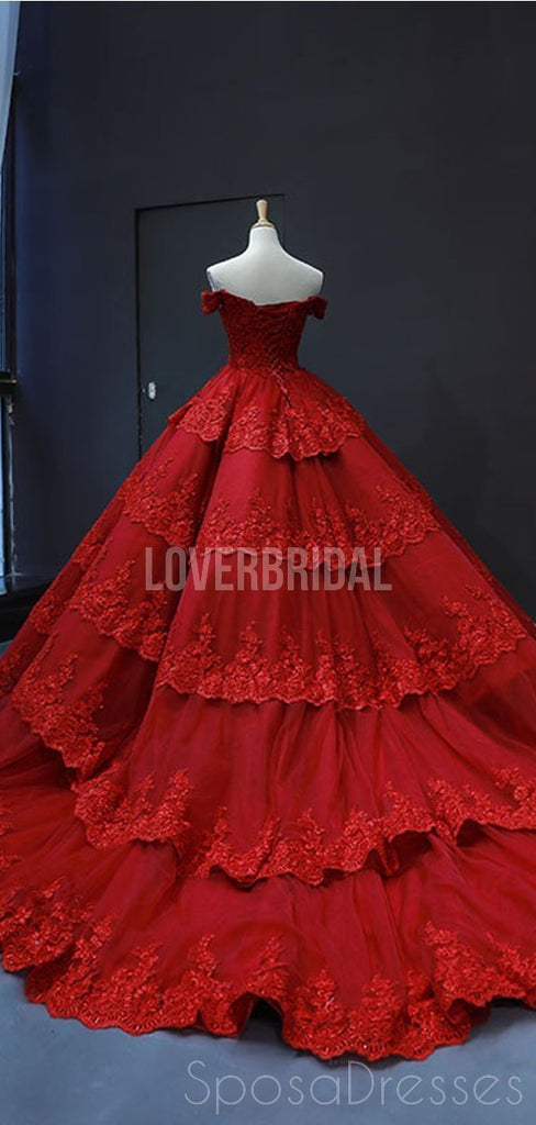 Off Shoulder Red Lace Long Evening Prom Dresses, Evening Party Prom Dresses, 12250
