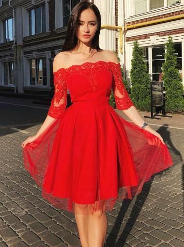 Off Shoulder Red Short Sleeves Cheap Short Homecoming Dresses Online, CM619