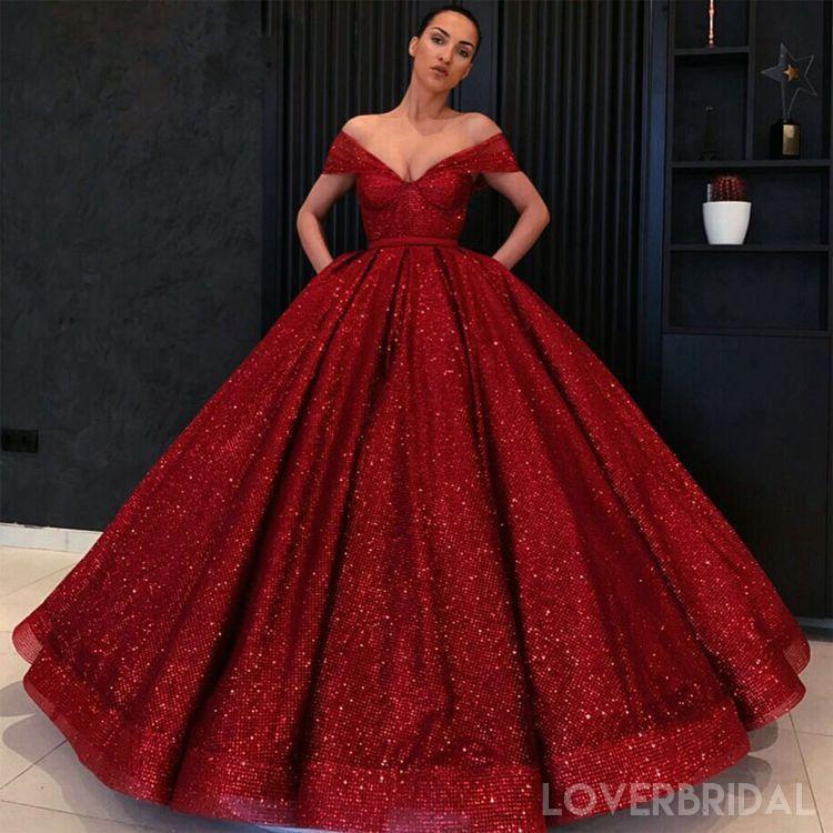 Off Shoulder Red Sparkly Ball Gown Cheap Long Evening Prom Dresses, Cheap Custom Sweet 16 Dresses, 18530