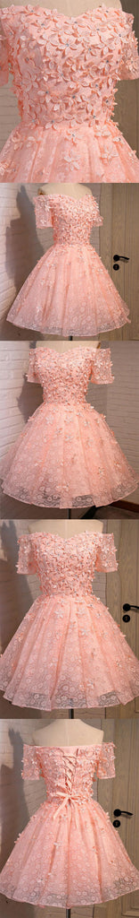 peach homecoming dress Off Shoulder Short Sleeve Peach Lace Beaded Homecoming Prom Dresses, A – LoverBridal