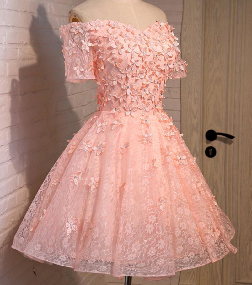 Off Shoulder Short Sleeve Peach Lace Beaded Homecoming Prom Dresses, A LoverBridal Off Shoulder Short Sleeve Peach Lace Beaded Homecoming Prom Dresses, A LoverBridal