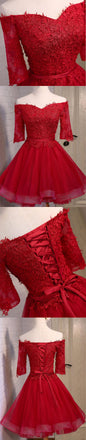 Off Shoulder Short Sleeve Red Lace Cute Homecoming Prom Dresses, Affordable Short Party Prom Dresses, Perfect Homecoming Dresses, CM307