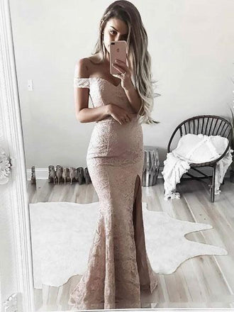 Off Shoulder Side Slit Lace Mermaid Long Evening Prom Dresses, Party Prom Dresses, 17263