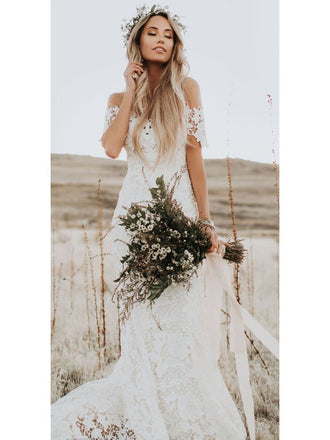 Off Shoulder Vintage Lace Mermaid Cheap Wedding Dresses, Shore Sleeves Bridal Dresses, WD432