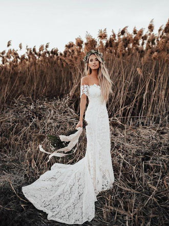 Off Shoulder Vintage Lace Mermaid Cheap Wedding Dresses, Shore Sleeves Bridal Dresses, WD432
