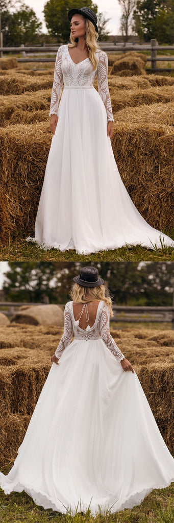Off White A-line Long Sleeves V-neck Handmade Lace Wedding Dresses,WD784
