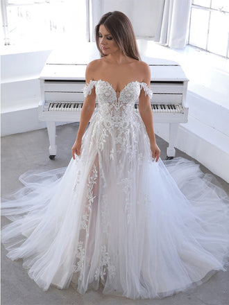 Off White A-line Off Shoulder V-neck Handmade Lace Wedding Dresses,WD781