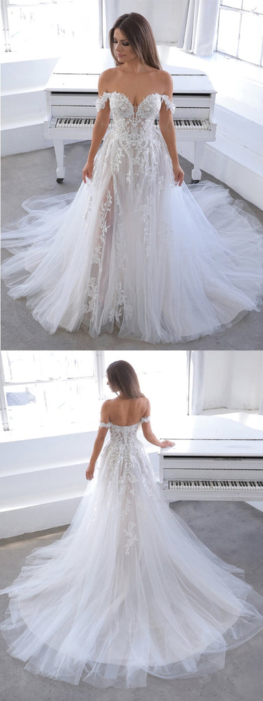 Off White A-line Off Shoulder V-neck Handmade Lace Wedding Dresses,WD781