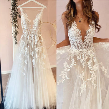 Off White A-line Spaghetti Straps V-neck Handmade Lace Wedding Dresses,WD786