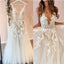 Off White A-line Spaghetti Straps V-neck Handmade Lace Wedding Dresses,WD786