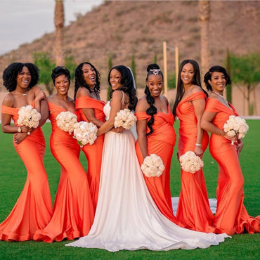 Orange Mermaid Off Shoulder V-neck Long Bridesmaid Dresses Gown Online,WG946