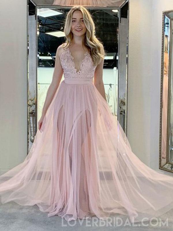 Pale Pink V Neck Side Slit Tulle Long Evening Prom Dresses, Cheap Custom Sweet 16 Dresses, 18479