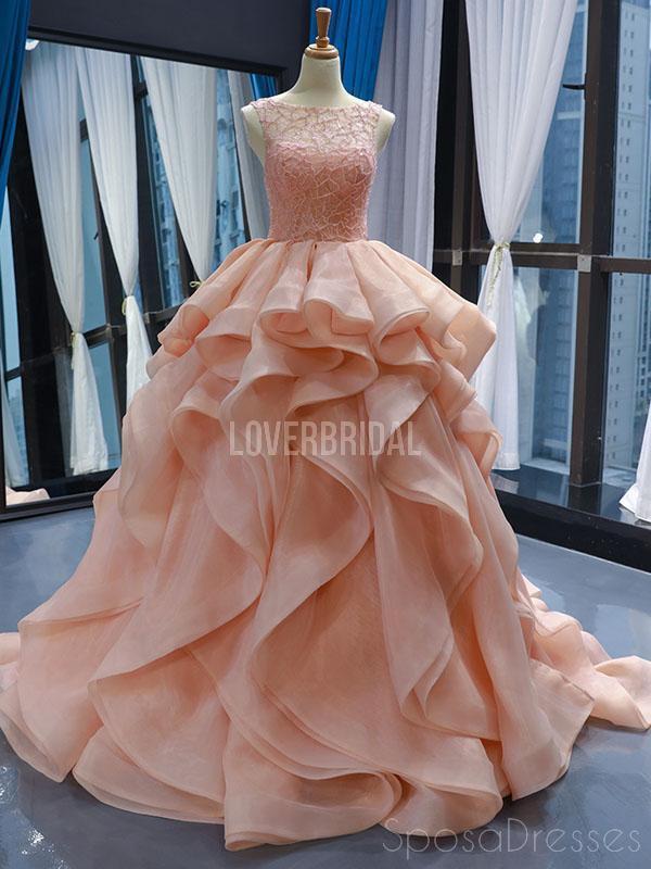 Peach Lace Beaded Ruffle Ball Gown Evening Prom Dresses, Evening Party Prom Dresses, 12253