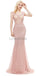 Peach Seen Through Cap-Sleves Lace Beaded Mermaid Evening Prom Dresses, Evening Party Prom Dresses, 12046