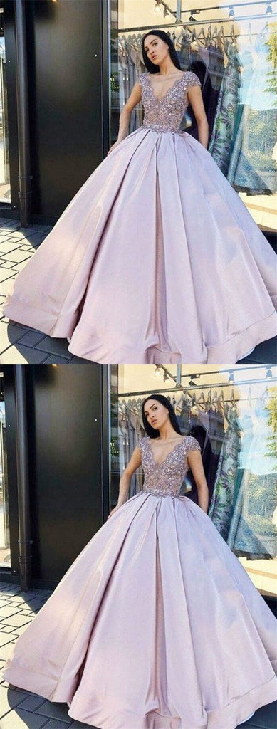 Pink A-line Cap Sleeves V-neck Cheap Long Prom Dresses Online,Dance Dresses,12450