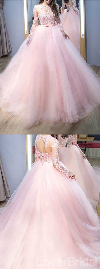 Pink A-line Long Sleeves Jewel Cheap Long Prom Dresses,Evening Party Dresses,12639