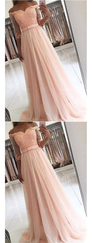 Pink A-line Off Shoulder 3/4 Sleeves Cheap Prom Dresses Online, Evening Dresses,12467