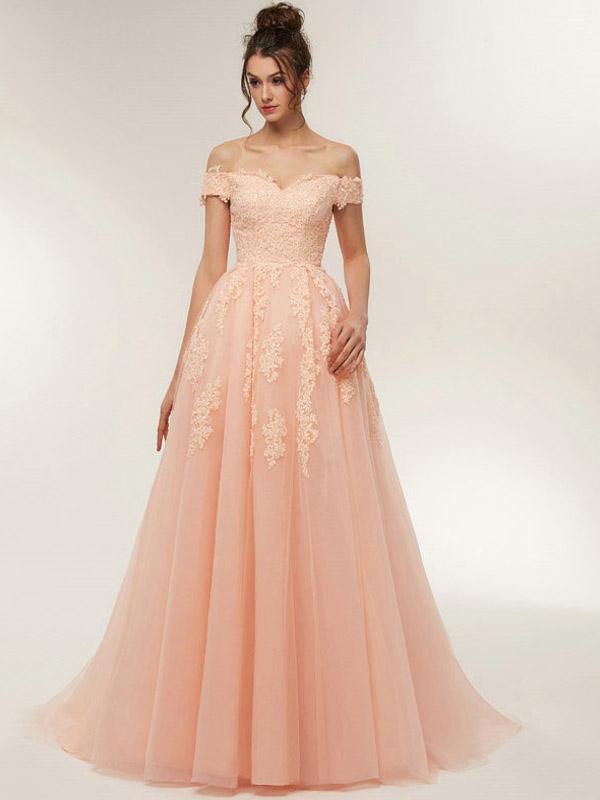 Pink A-line Off Shoulder Lace Applique Long Prom Dresses Online,Dance Dresses,12420