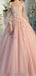 Pink A-line Off Shoulder Long Sleeves Floral Party Prom Dresses, Ball Gown Dresses,12341
