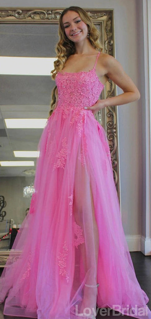 Pink A-line Spaghetti Straps High Slit Cheap Long Prom Dresses,12643