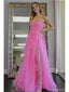 Pink A-line Spaghetti Straps High Slit Cheap Long Prom Dresses,12643