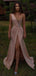 Pink A-line Straps High Slit Cheap Long Prom Dresses Online, Dance Dresses,12431