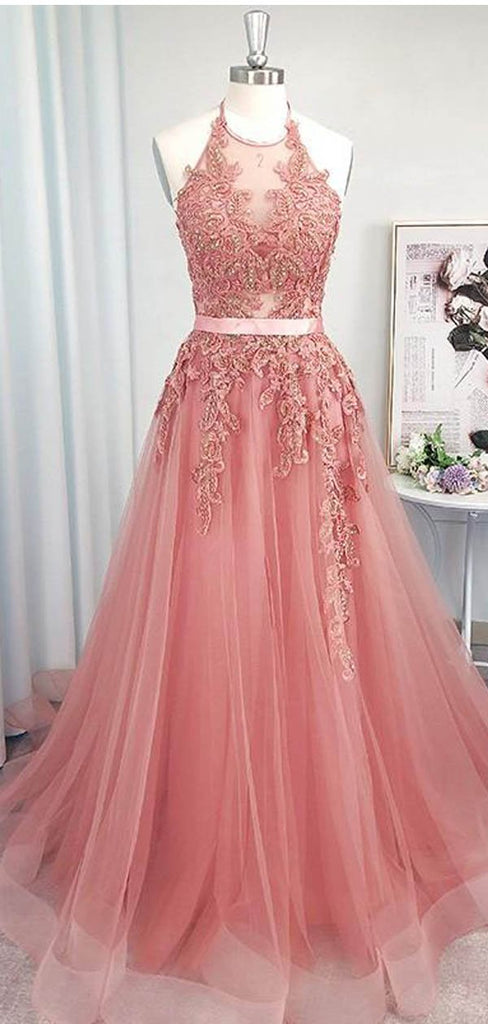 Pink Halter A-line Sleeveless Long Prom Dresses Online,Dance Dresses,12481
