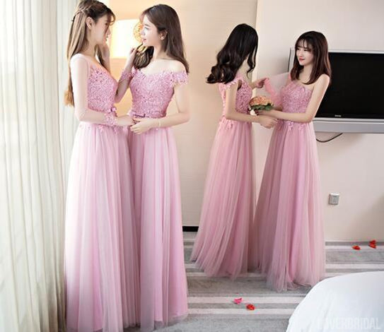 Pink Lace Tulle Long Bridesmaid Dresses, Mismatched Custom Long Bridesmaid Dresses, Cheap Bridesmaid Gowns, BD002