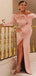 Pink Mermaid Off Shoulder Long Sleeves High Slit Cheap Long Prom Dresses,12725
