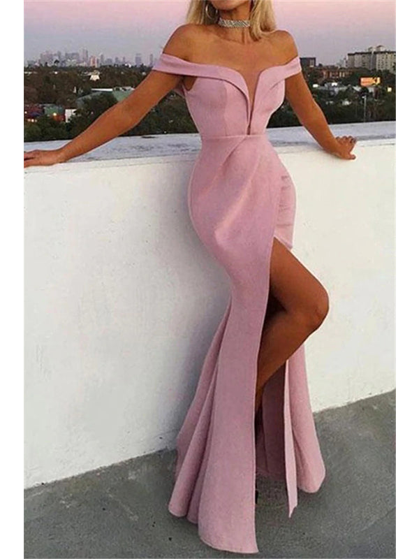 Pink Mermaid Off Shoulder V-neck High Slit Cheap Long Prom Dresses Online,12688