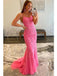 Pink Mermaid Spaghetti Straps Backless Cheap Long Prom Dresses,12712