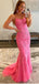 Pink Mermaid Spaghetti Straps Backless Cheap Long Prom Dresses,12712