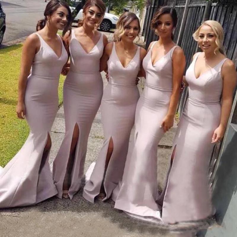 Pink Mermaid Spaghetti Straps High Slit V-neck Long Bridesmaid Dresses Gown Online,WG920