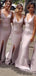 Pink Mermaid Spaghetti Straps High Slit V-neck Long Bridesmaid Dresses Gown Online,WG920