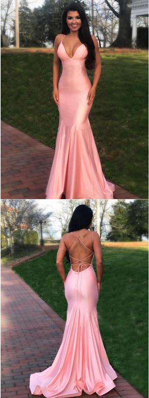 Pink Mermaid Spaghetti Straps V-neck Backless Long Prom Dresses Online,12414