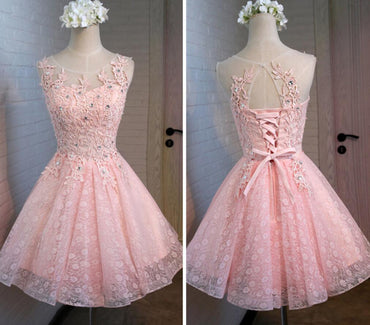 Pink Open Back Lace Beaded Cute Homecoming Prom Dresses, Affordable Short Party Prom Dresses, Perfect Homecoming Dresses, CM320