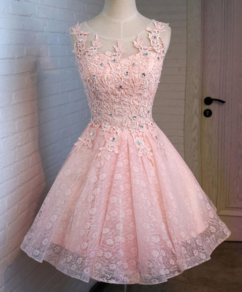 Pink Open Back Lace Beaded Cute Homecoming Prom Dresses, Affordable Short Party Prom Dresses, Perfect Homecoming Dresses, CM320