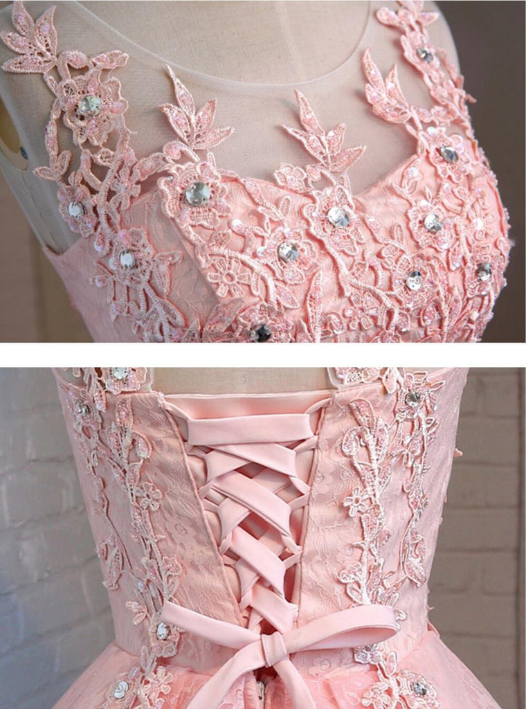 Pink Open Back Lace Beaded Cute Homecoming Prom Dresses, Affordable Short Party Prom Dresses, Perfect Homecoming Dresses, CM320