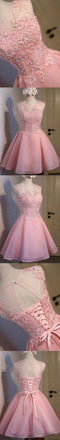 Pink See Through Lace Cute Homecoming Prom Dresses, Affordable Short Party Prom Dresses, Perfect Homecoming Dresses, CM308