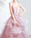 Pink V-Neck A-line Ruffle Evening Prom Dresses, Evening Party Prom Dresses, 12210