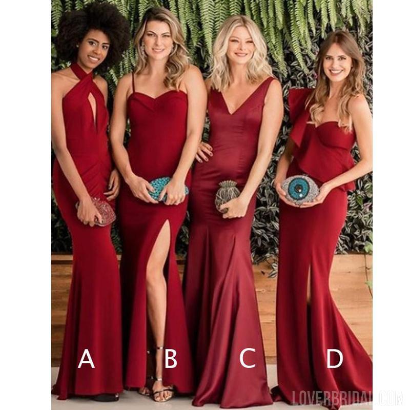 Popular Mismatched Dark Red Mermaid Cheap Long Bridesmaid Dresses Online, WG559
