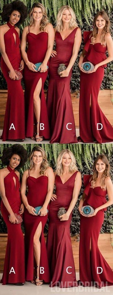 Popular Mismatched Dark Red Mermaid Cheap Long Bridesmaid Dresses Online, WG559