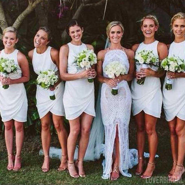 Popular Simple Unique White Chiffon Off Shoulder Small Round Neck Cheap Short Bridesmaid Dress for Summer Beach Wedding Party, WG94