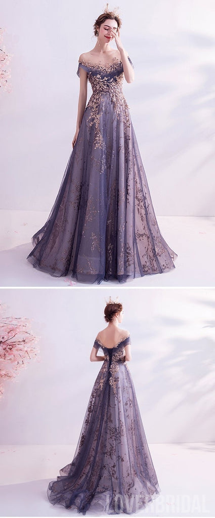 Purple A-line Off Shoulder Long Prom Dresses Online, Dance Dresses,12607