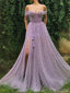 Purple A-line Spaghetti Straps Off Shoulder High Slit Long Prom Dresses Online,12600