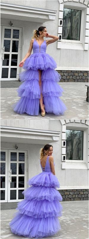 Purple A-line Straps V-neck Long Prom Dresses Online, Dance Dresses,12416