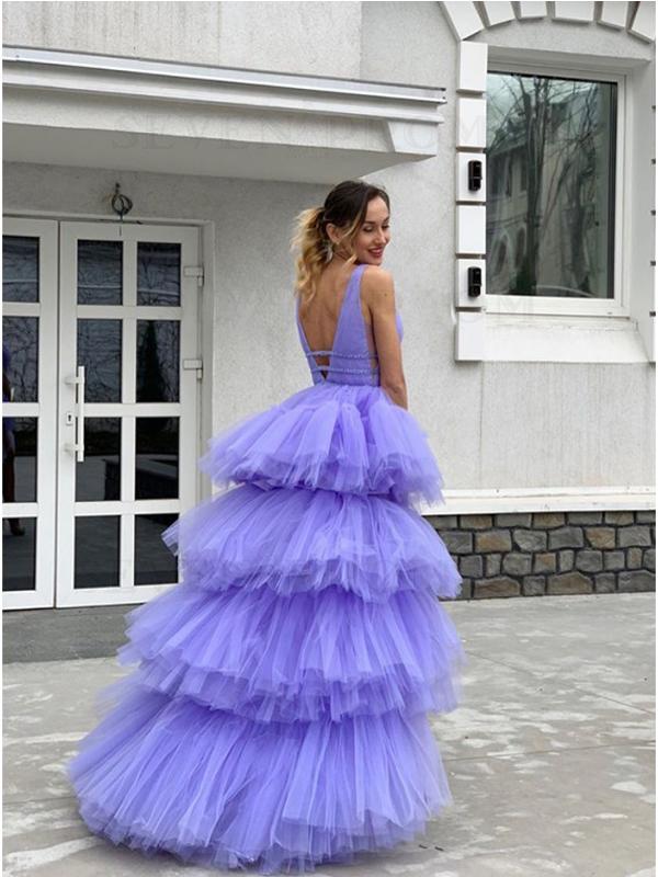 Purple A-line Straps V-neck Long Prom Dresses Online, Dance Dresses,12416