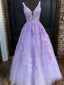 Purple A-line Straps V-neck See Through Cheap Long Prom Dresses Online,12491