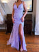 Purple Mermaid Spaghetti Straps V-neck High Slit Long Prom Dresses Online,12536