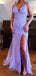 Purple Mermaid Spaghetti Straps V-neck High Slit Long Prom Dresses Online,12536